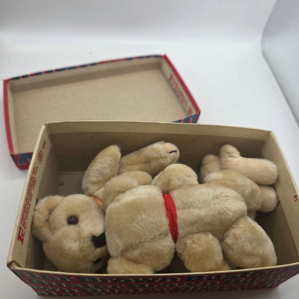 Buster Brown Shoe Box w/ 5 Mini Teddy Bears Old Plush Bear Lot St Louis MO